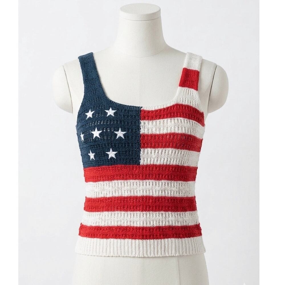 Francesca’s Blue Rain American Flag Crochet Knit Tank Top USA 4th of July XS